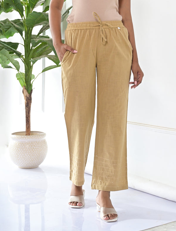 Beige Cotton Solid Pant With Kantha Lining At Bottom