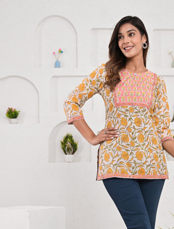 Yellow Jaal Printed Cotton Short Top