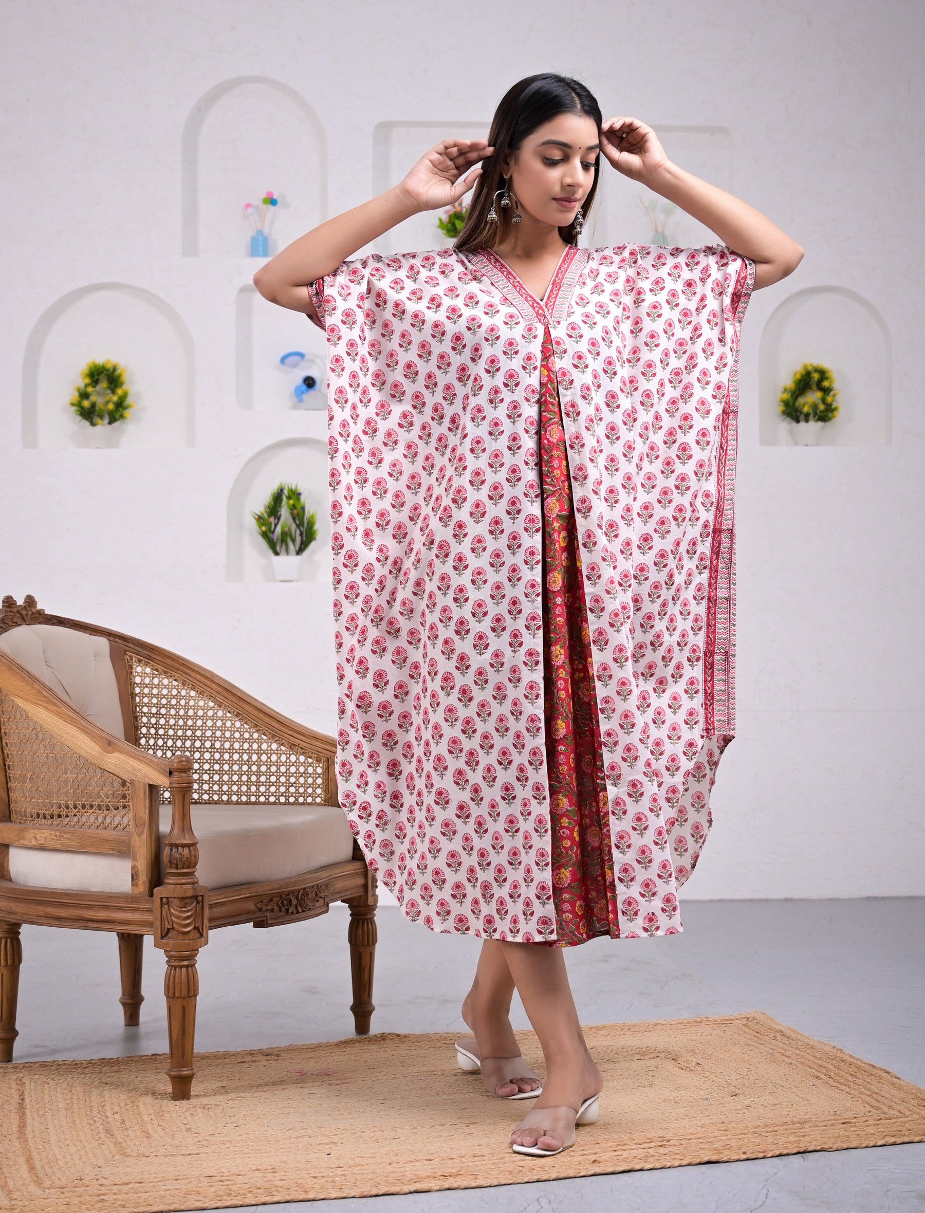 Handblockprinted long kaftaan- Yellow main image 1