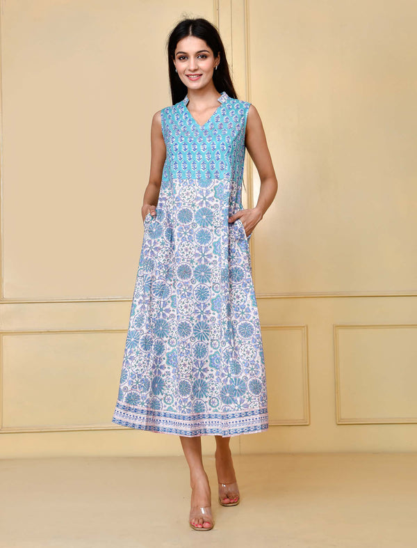 Blue Jaal Cotton Printed Dress