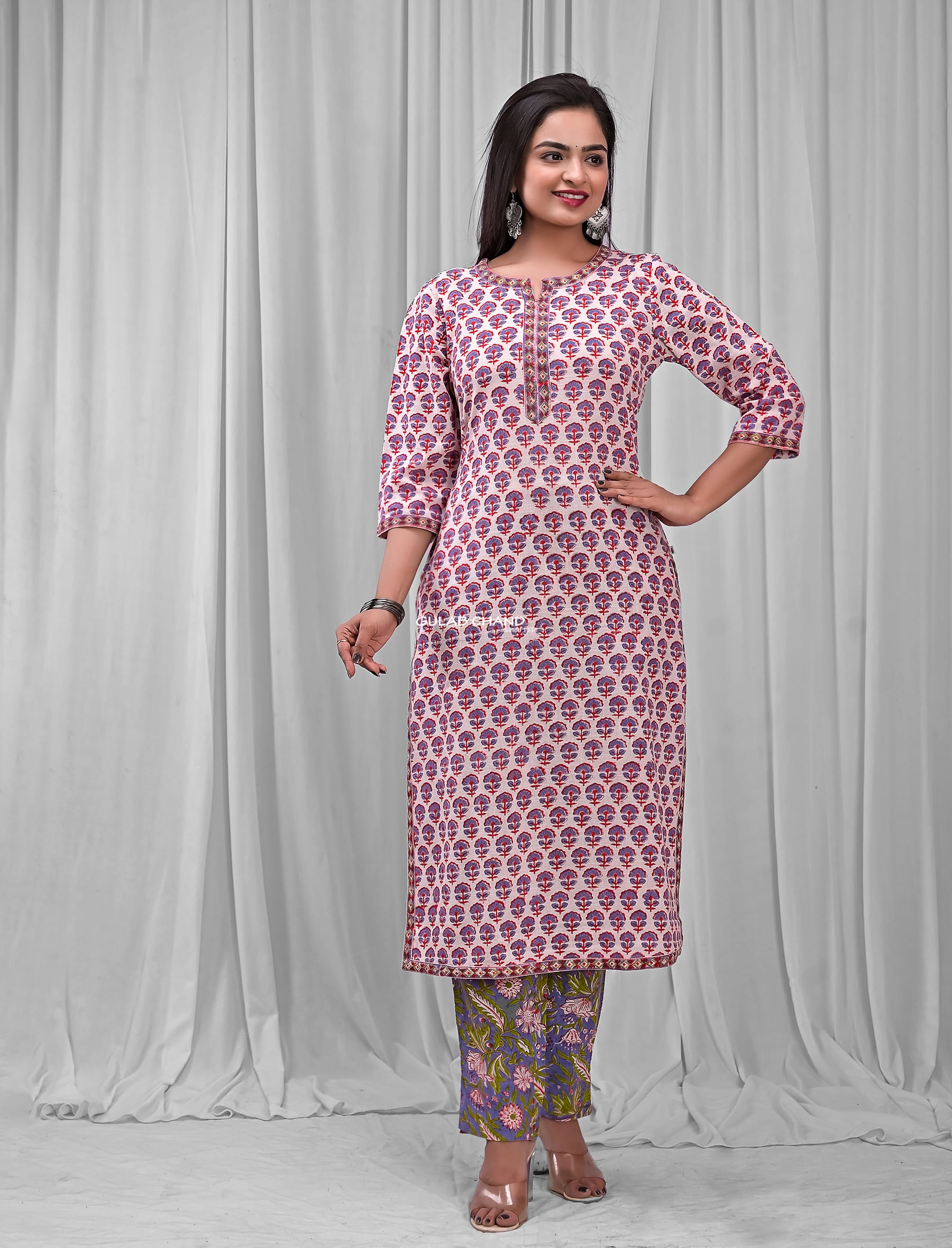 Block Print White Mix Viscose Kurta Set