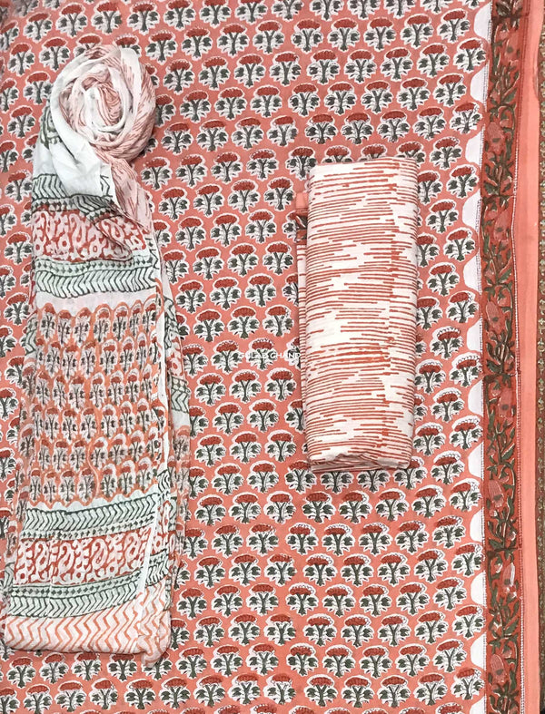 Block Printed Unstitched Dress Material With Chiffon Dupatta