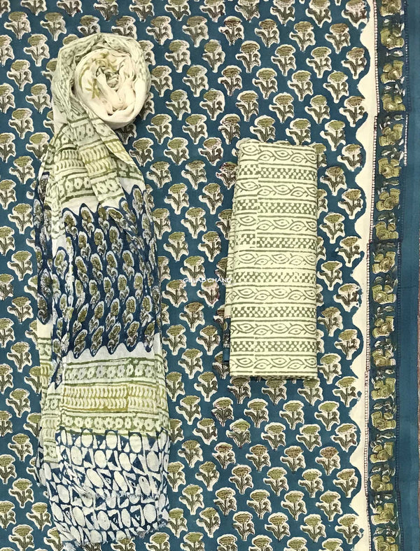 Block Printed Unstitched Dress Material With Chiffon Dupatta