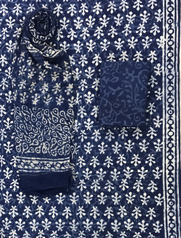 Block Printed Unstitched Dress Material With Chiffon Dupatta