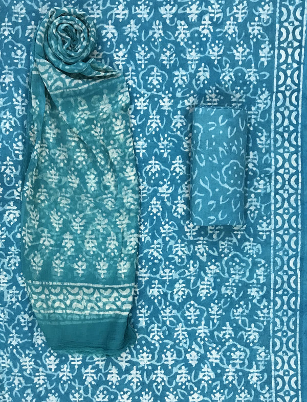 Block Printed Unstitched Dress Material With Chiffon Dupatta