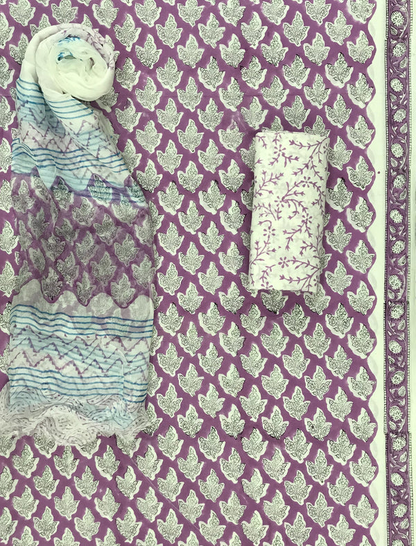 Block Printed Unstitched Dress Material With Chiffon Dupatta