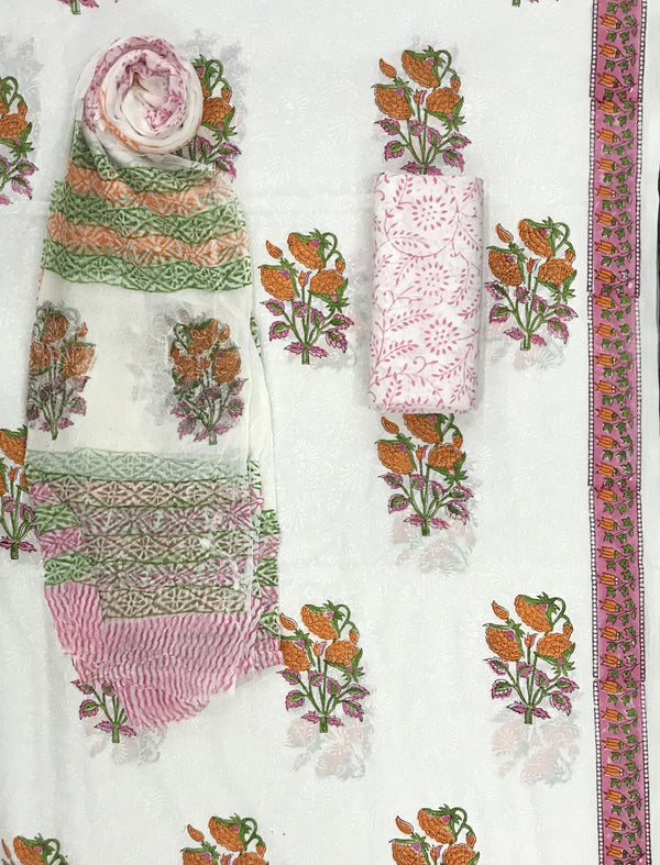 Block Printed Unstitched Dress Material With Chiffon Dupatta