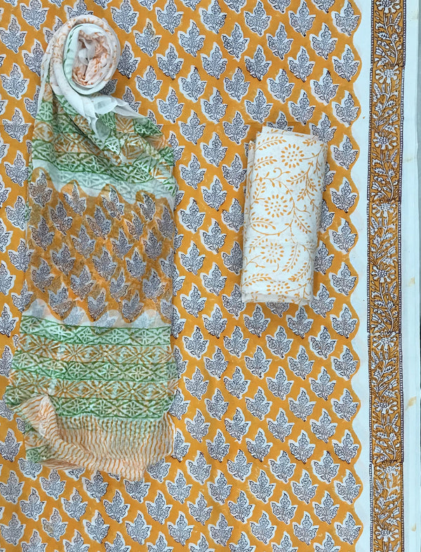 Block Printed Unstitched Dress Material With Chiffon Dupatta