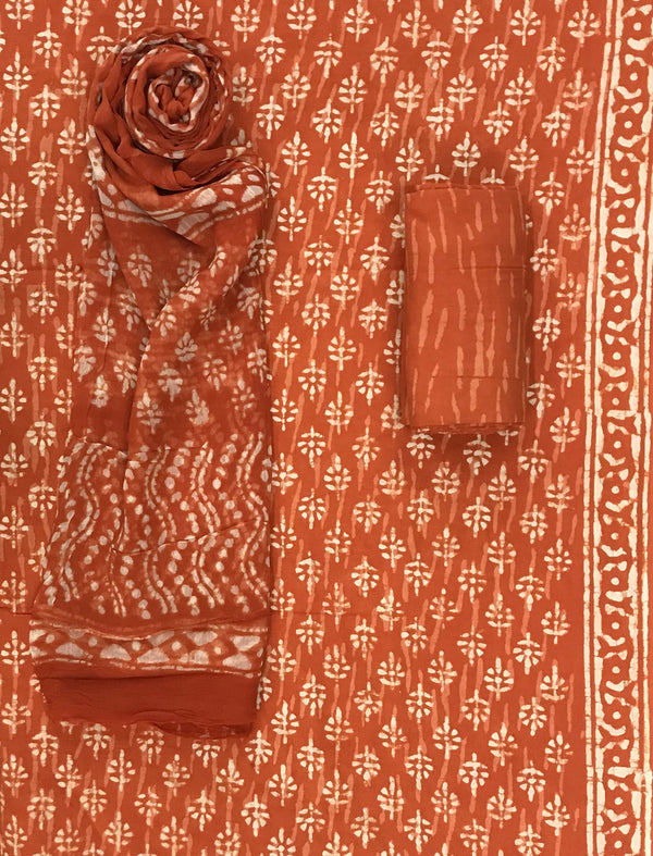 Block Printed Unstitched Dress Material With Chiffon Dupatta