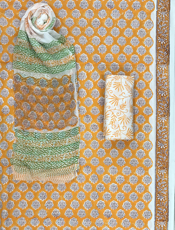 Block Printed Unstitched Dress Material With Chiffon Dupatta