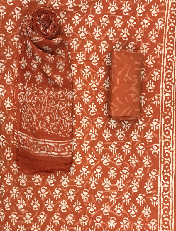 Block Printed Unstitched Dress Material With Chiffon Dupatta