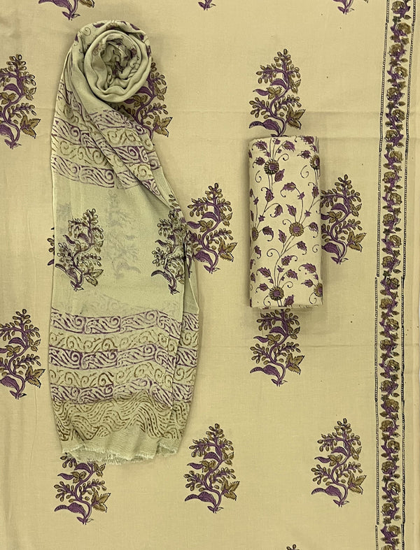 Block Printed Unstitched Dress Material With Chiffon Dupatta