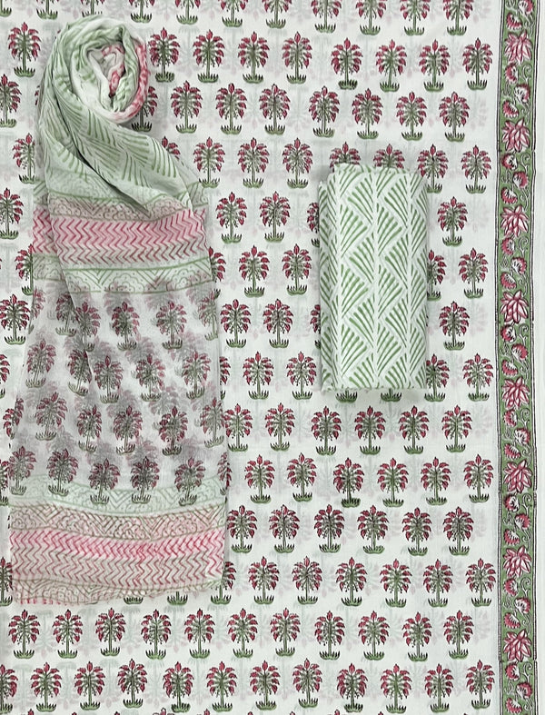 Block Printed Unstitched Dress Material With Chiffon Dupatta