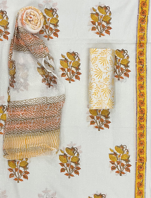 Block Printed Unstitched Dress Material With Chiffon Dupatta