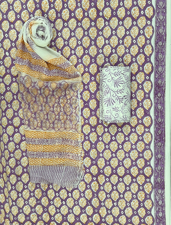 Block Printed Unstitched Dress Material With Chiffon Dupatta