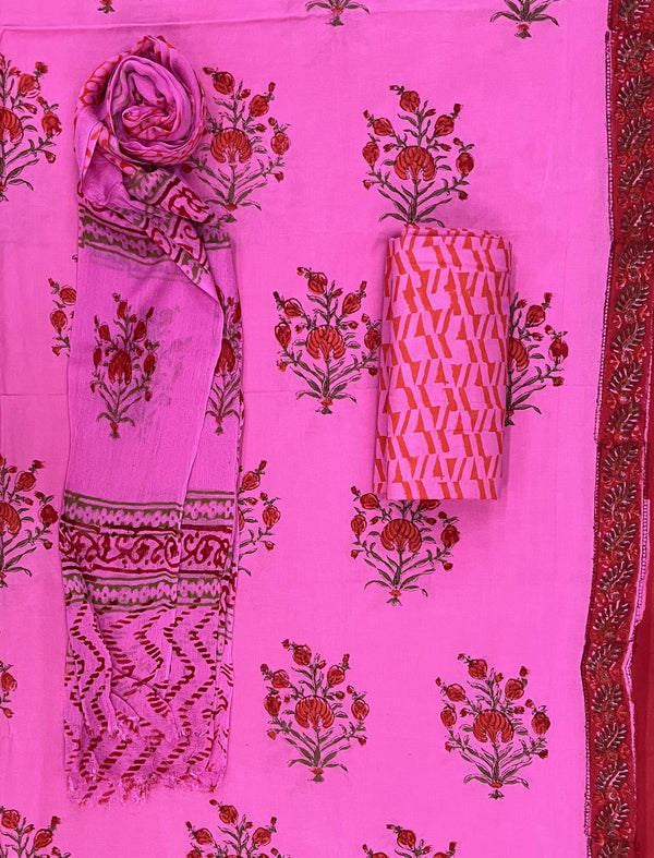 Block Printed Unstitched Dress Material With Chiffon Dupatta