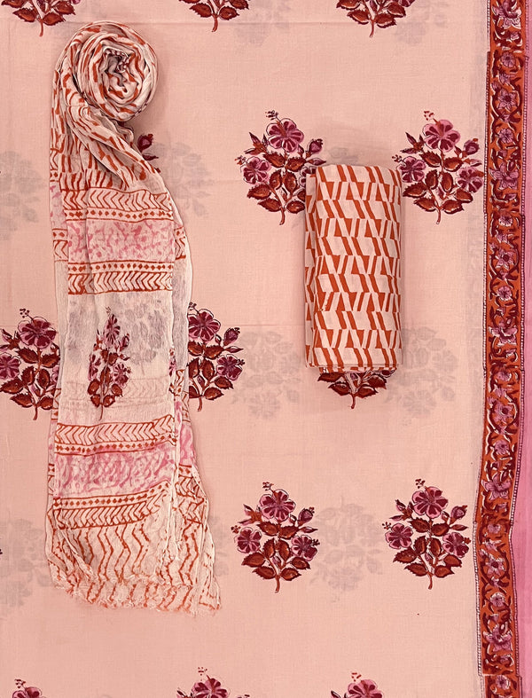 Block Printed Unstitched Dress Material With Chiffon Dupatta