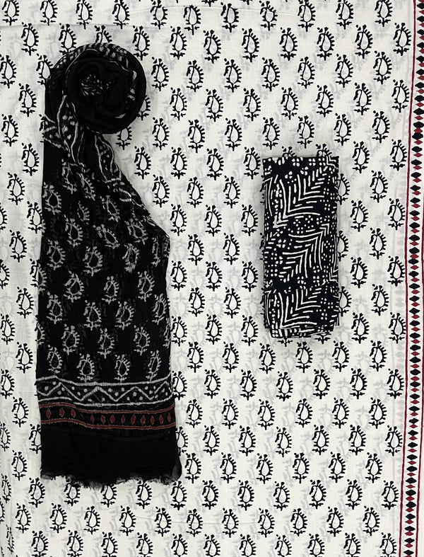 Block Printed Unstitched Dress Material With Chiffon Dupatta