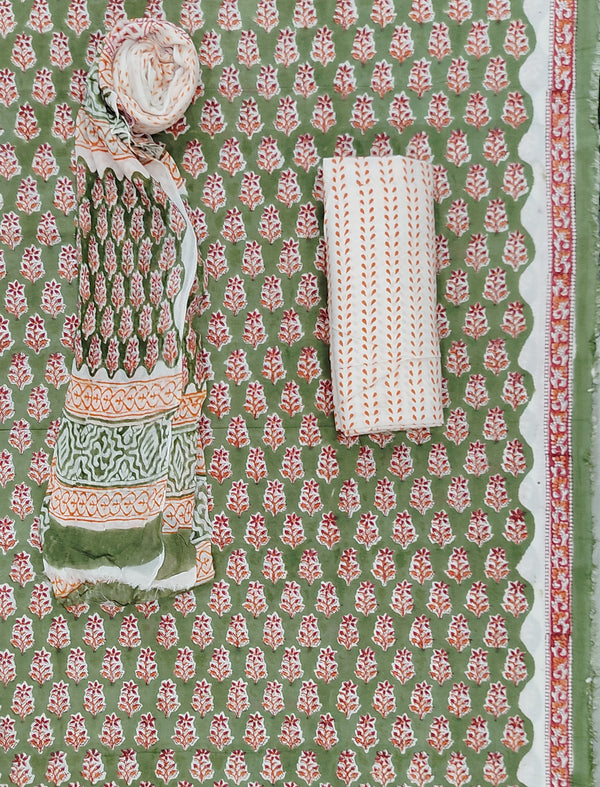 Block Printed Unstitched Dress Material With Chiffon Dupatta