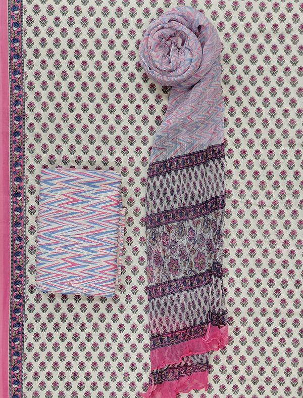 Block Printed Unstitched Dress Material With Chiffon Dupatta
