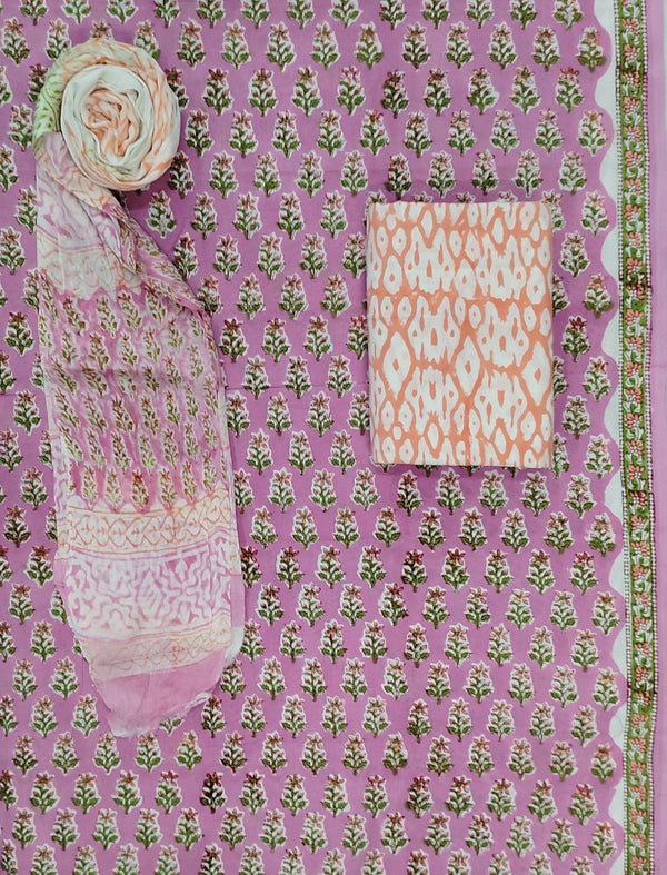 Block Printed Unstitched Dress Material With Chiffon Dupatta