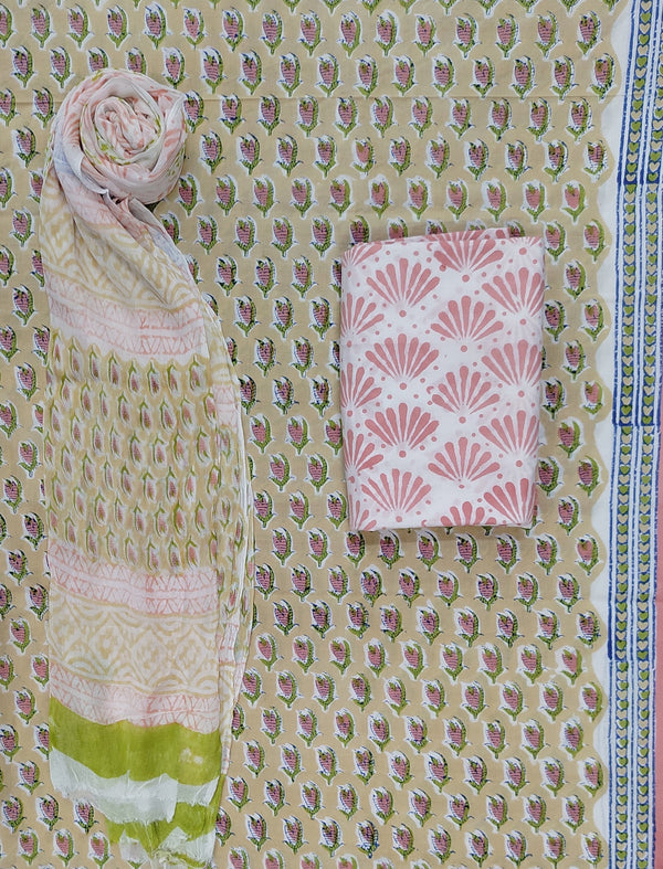 Block Printed Unstitched Dress Material With Chiffon Dupatta
