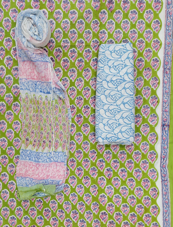 Block Printed Unstitched Dress Material With Chiffon Dupatta