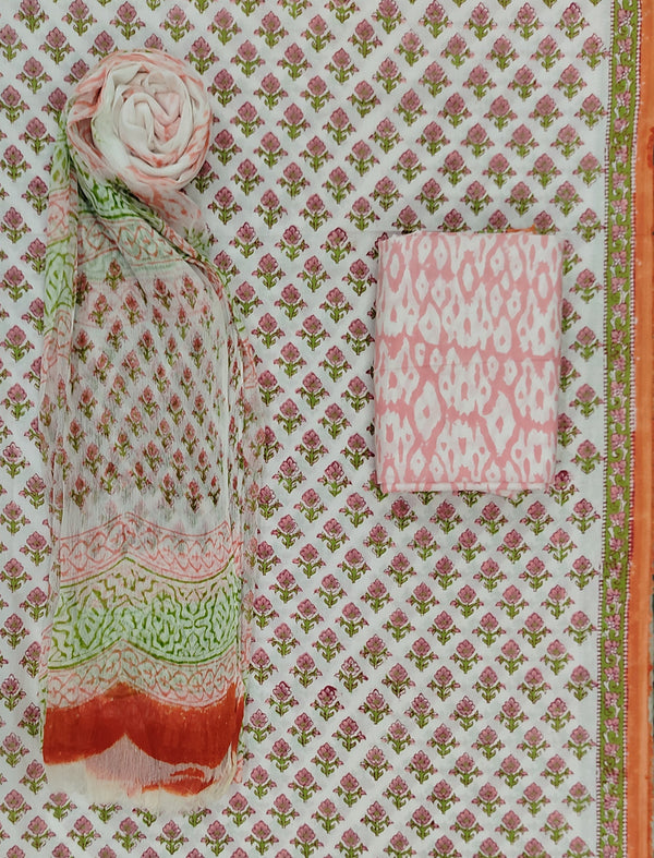 Block Printed Unstitched Dress Material With Chiffon Dupatta