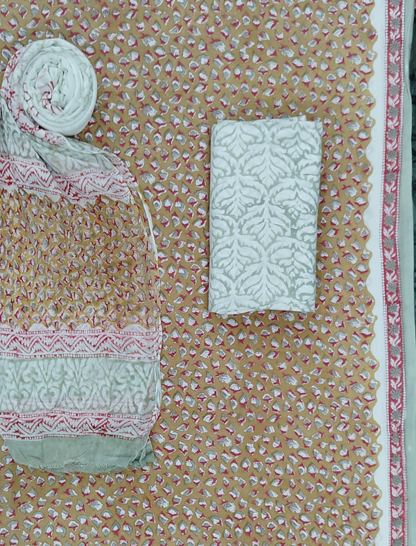 Block Printed Unstitched Dress Material With Chiffon Dupatta
