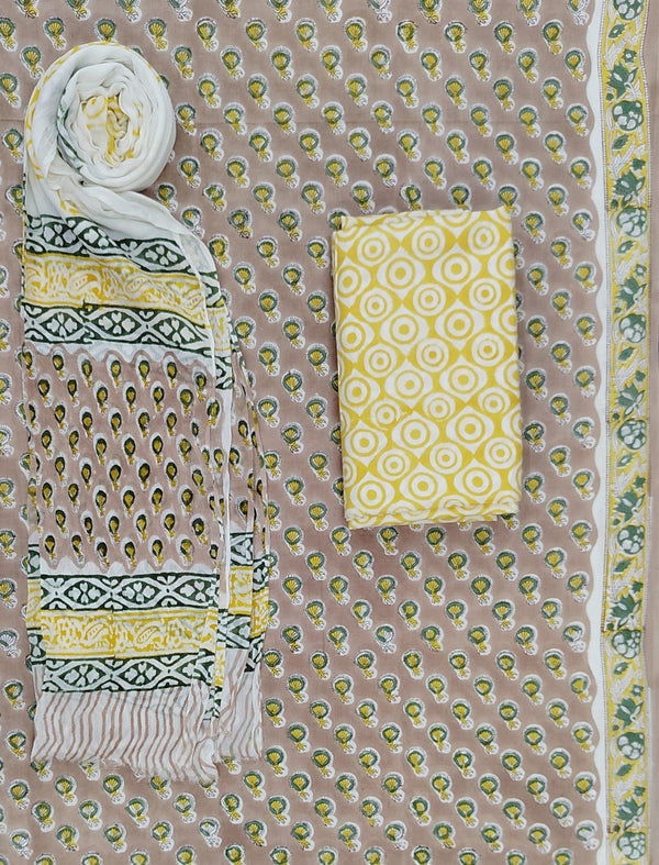 Block Printed Unstitched Dress Material With Chiffon Dupatta