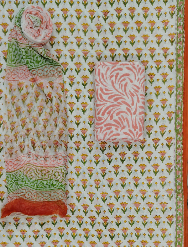 Block Printed Unstitched Dress Material With Chiffon Dupatta