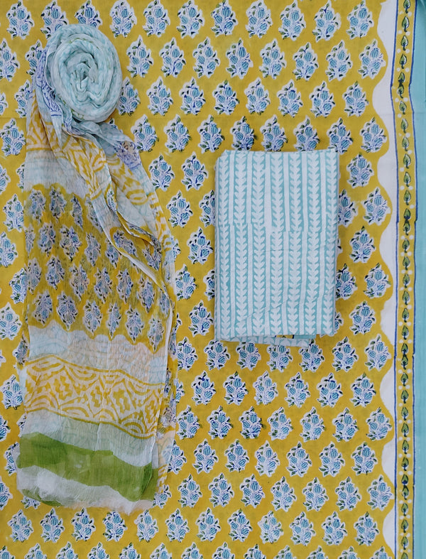 Block Printed Unstitched Dress Material With Chiffon Dupatta