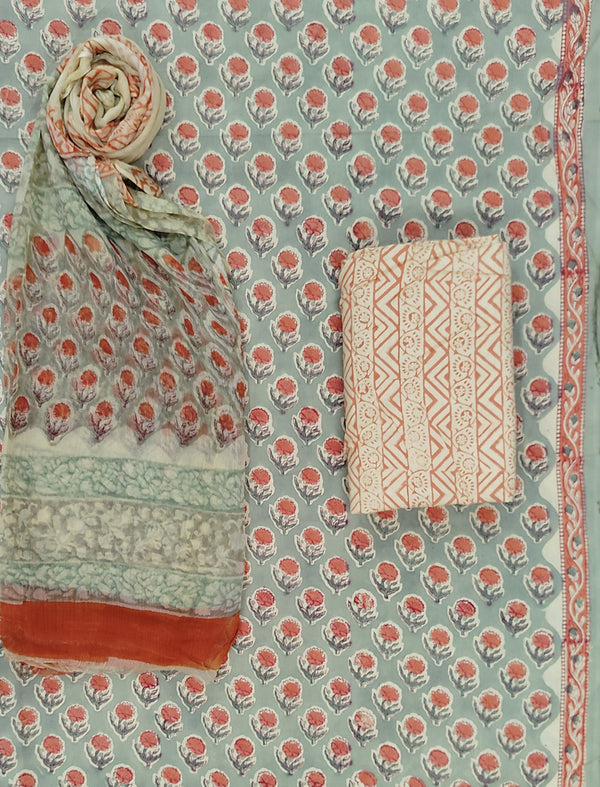 Block Printed Unstitched Dress Material With Chiffon Dupatta