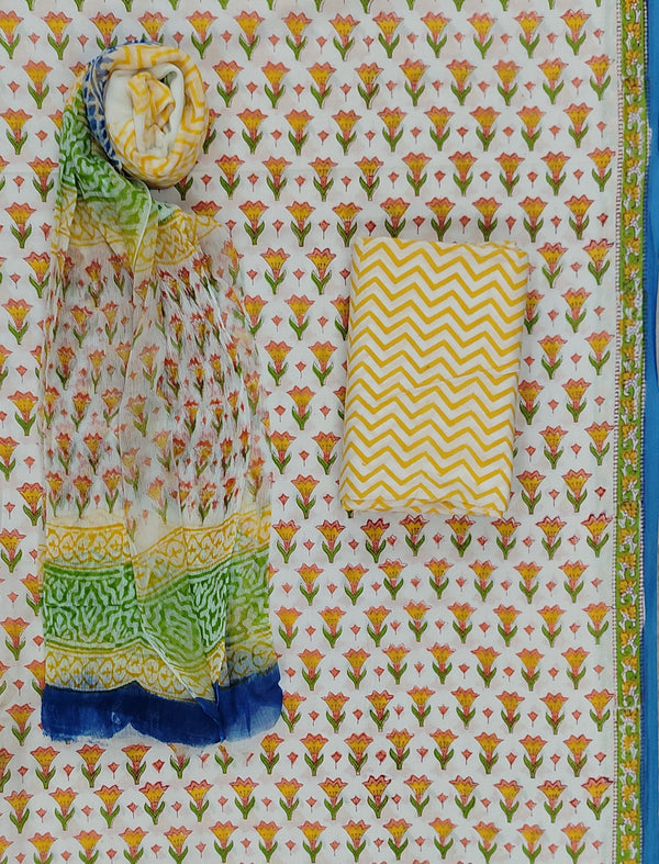 Block Printed Unstitched Dress Material With Chiffon Dupatta