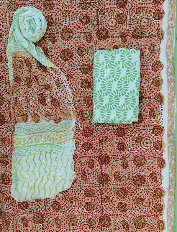 Block Printed Unstitched Dress Material With Chiffon Dupatta