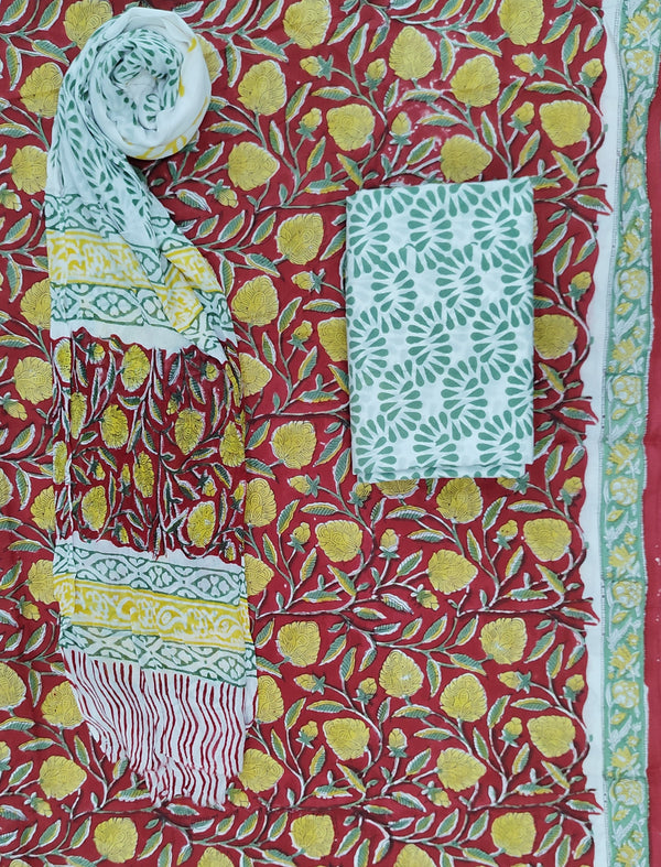 Block Printed Unstitched Dress Material With Chiffon Dupatta