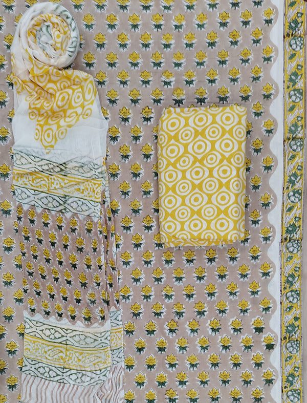 Block Printed Unstitched Dress Material With Chiffon Dupatta