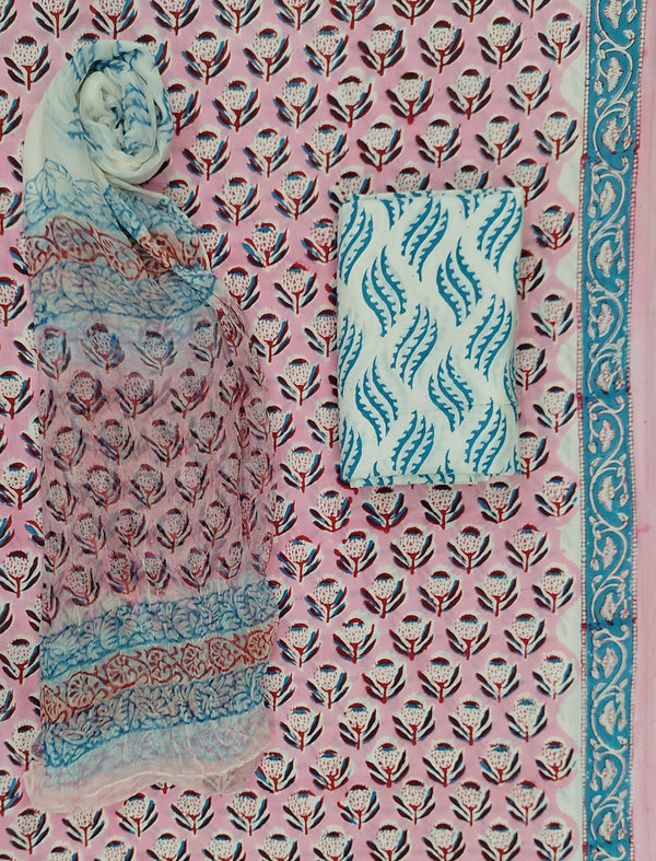 Block Printed Unstitched Dress Material With Chiffon Dupatta