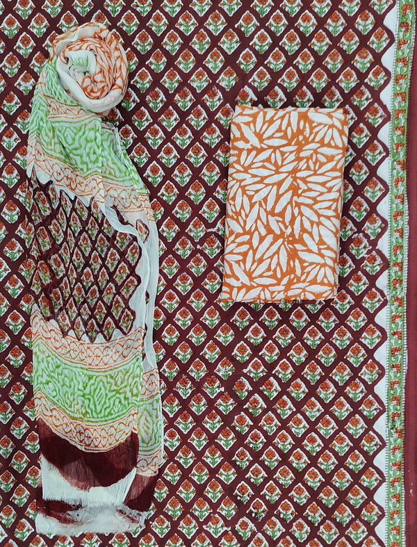 Block Printed Unstitched Dress Material With Chiffon Dupatta