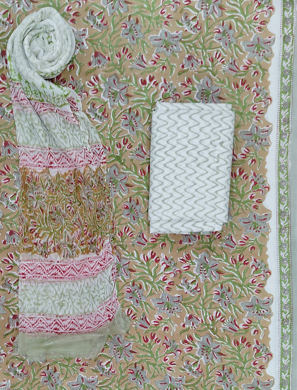 Block Printed Unstitched Dress Material With Chiffon Dupatta