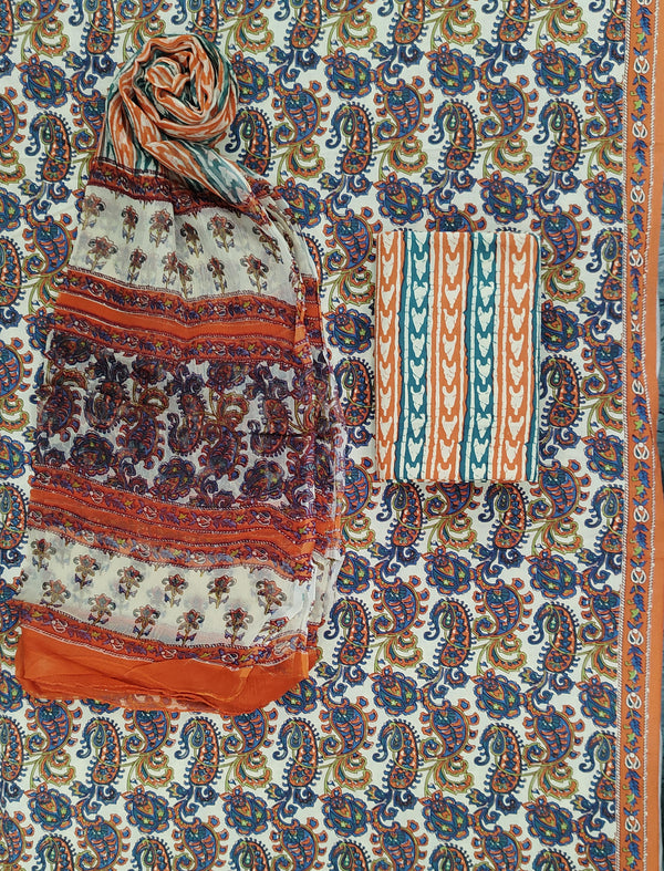 Block Printed Unstitched Dress Material With Chiffon Dupatta