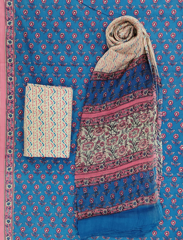 Block Printed Unstitched Dress Material With Chiffon Dupatta