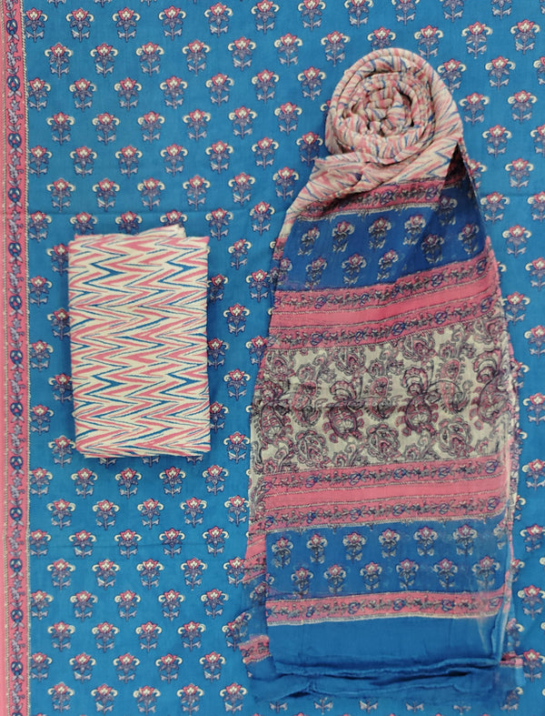 Block Printed Unstitched Dress Material With Chiffon Dupatta