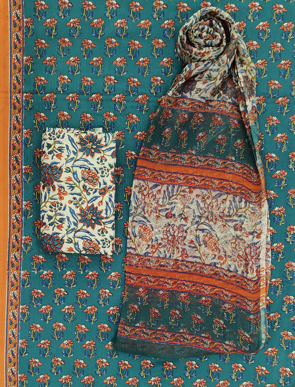 Block Printed Unstitched Dress Material With Chiffon Dupatta