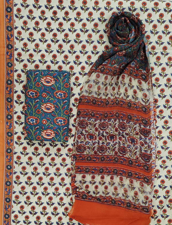 Block Printed Unstitched Dress Material With Chiffon Dupatta