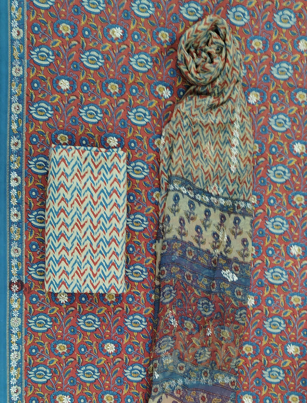 Block Khadi Printed Unstitched Suit Set With Chiffon Dupatta