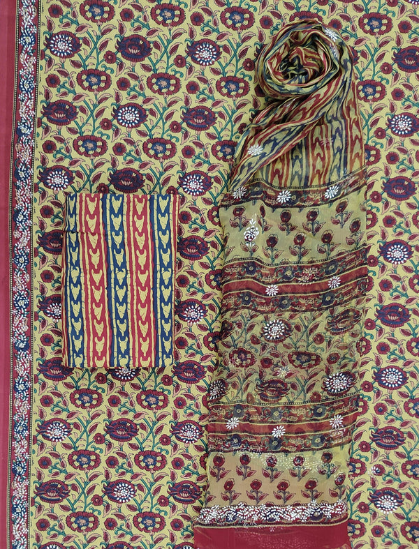 Block Khadi Printed Unstitched Suit Set With Chiffon Dupatta