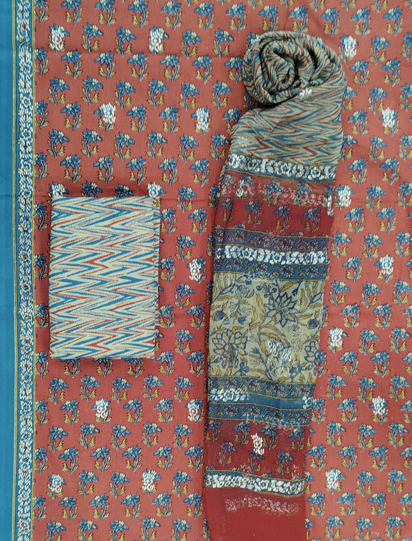 Block Khadi Printed Unstitched Suit Set With Chiffon Dupatta