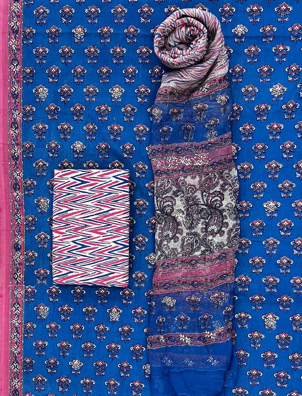 Block Khadi Printed Unstitched Suit Set With Chiffon Dupatta