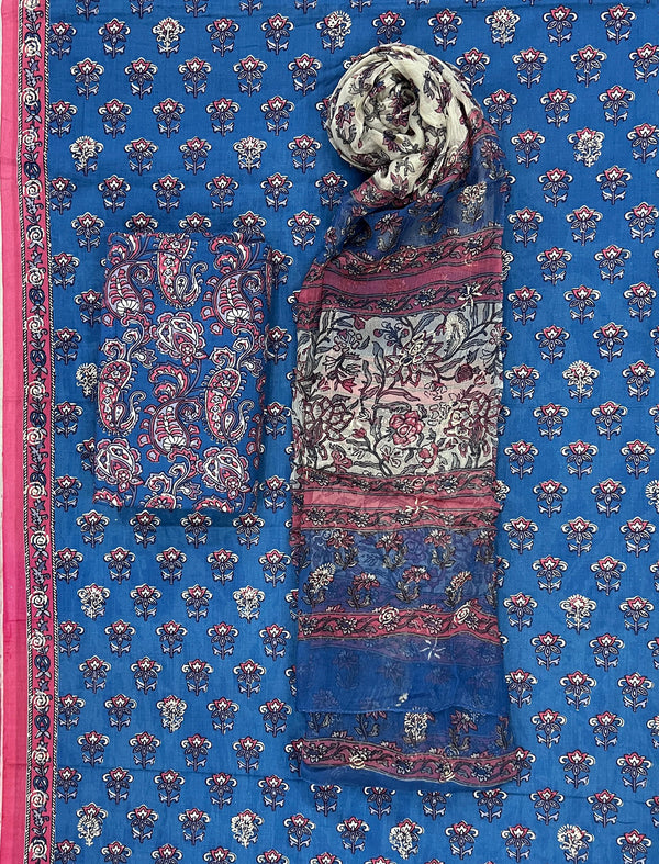 Block Khadi Printed Unstitched Suit Set With Chiffon Dupatta